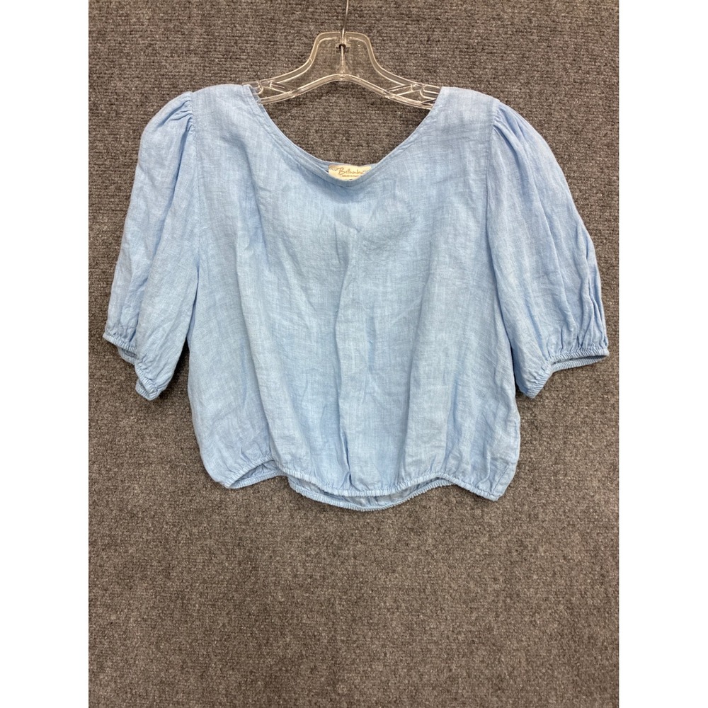 Bellambra Italy Light Blue Linen Puff Sleeve Crop Top Blouse Small